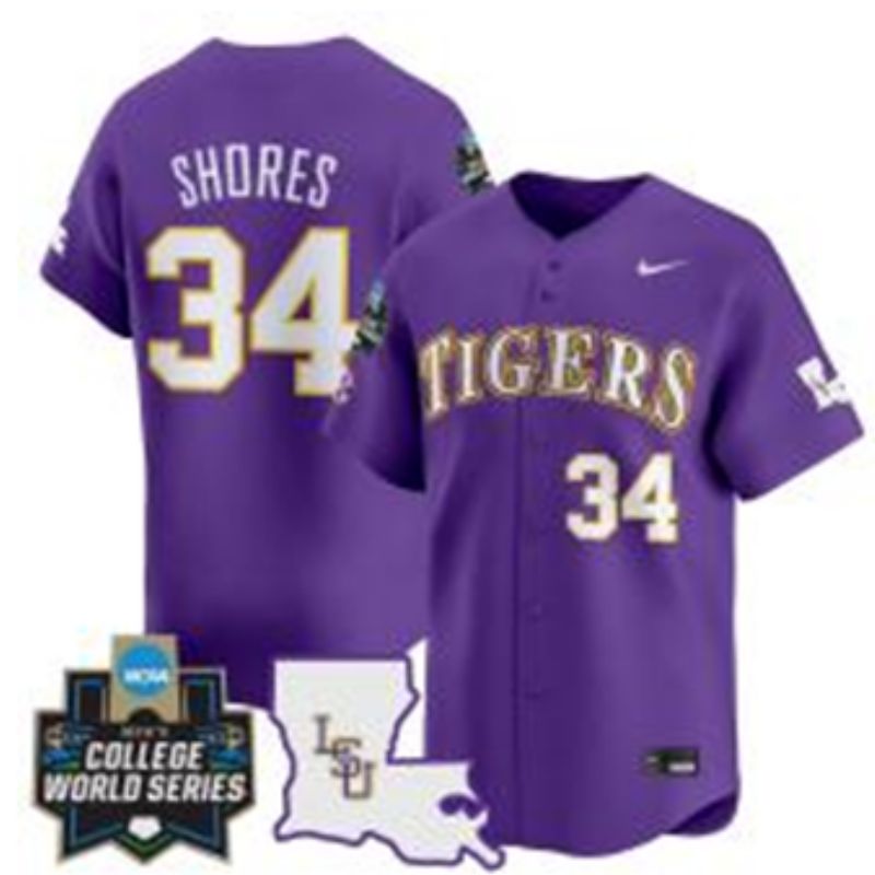 Men 2025 LSU Tigers #34 Shores Purple Joint Name Nike NCAA Jersey style 3->ncaa teams->NCAA Jersey